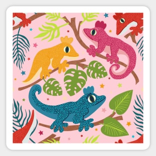 Colourful Crested Geckos with Jungle Leaves and Stars on pale pink Sticker